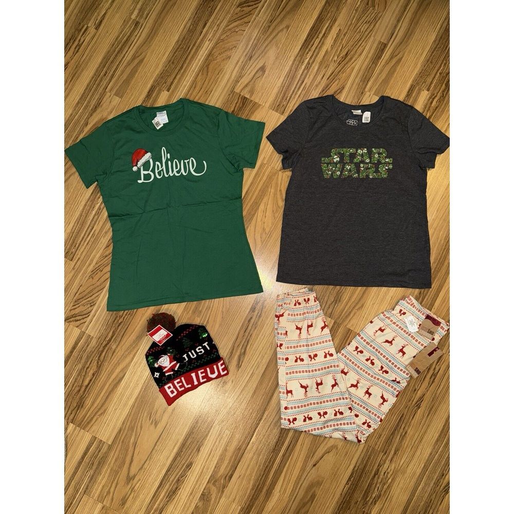 Star Wars Believe NEW Christmas Women's Medium M Pajama Pants‎ T-shirts Hat